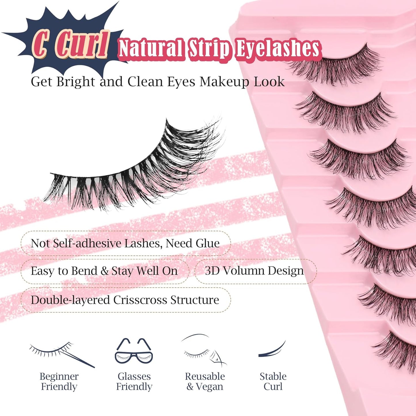 Natural Lashes Fake Eyelashes Pack C Curl Strip Lash 7 Pair Siligli-FemmiqueWomen