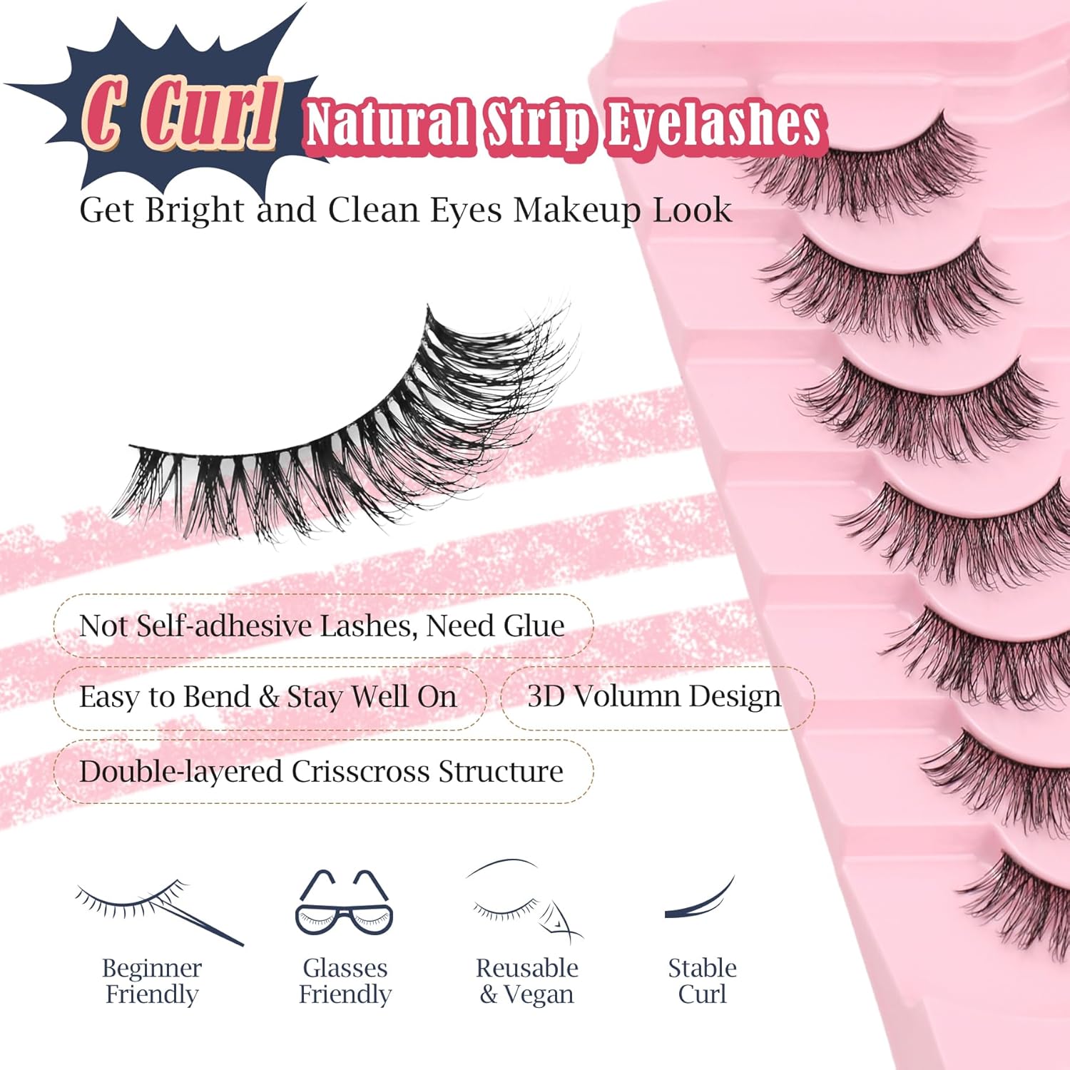 Natural Lashes Fake Eyelashes Pack C Curl Strip Lash 7 Pair Siligli-FemmiqueWomen