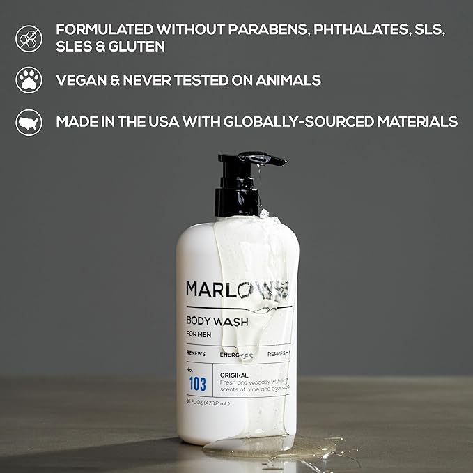 MARLOWE. No. 103 Body Wash 16 oz Pump, Original, Energizing & Refreshing Shower Gel with Willow Bark & Green Tea Extracts, Cleanses, Moisturizes, Smooths & Nourishes, Fresh Pine & Agarwood Scent-FemmiqueWomen