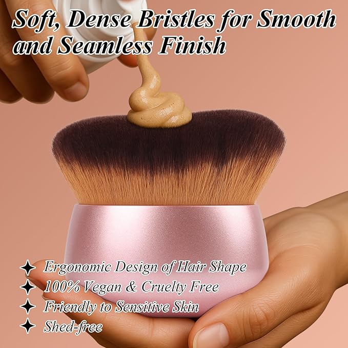 75MM Extra Large Self Tanner Kabuki Makeup Brush – Ultra Soft Dense Vegan Bristles for Body Makeup, Bronzer & Foundation–Applies Tanning Mousse, Lotion & Self Tanner–Rose Gold, Wet & Dry-FemmiqueWomen