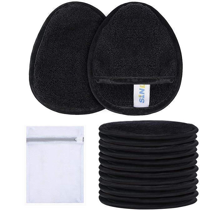 SINLAND Reusable Makeup Remover Pads For Face,Eye,Lips Microfiber Gentle Facial Cleansing Cloths for All Skin Types Friendly for Makeup Remover With Laundry Bag Black Pack of 12-FemmiqueWomen