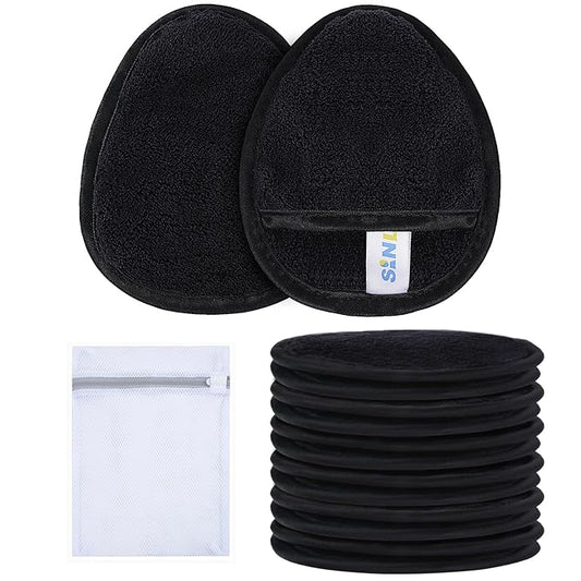 SINLAND Reusable Makeup Remover Pads For Face,Eye,Lips Microfiber Gentle Facial Cleansing Cloths for All Skin Types Friendly for Makeup Remover With Laundry Bag Black Pack of 12-FemmiqueWomen