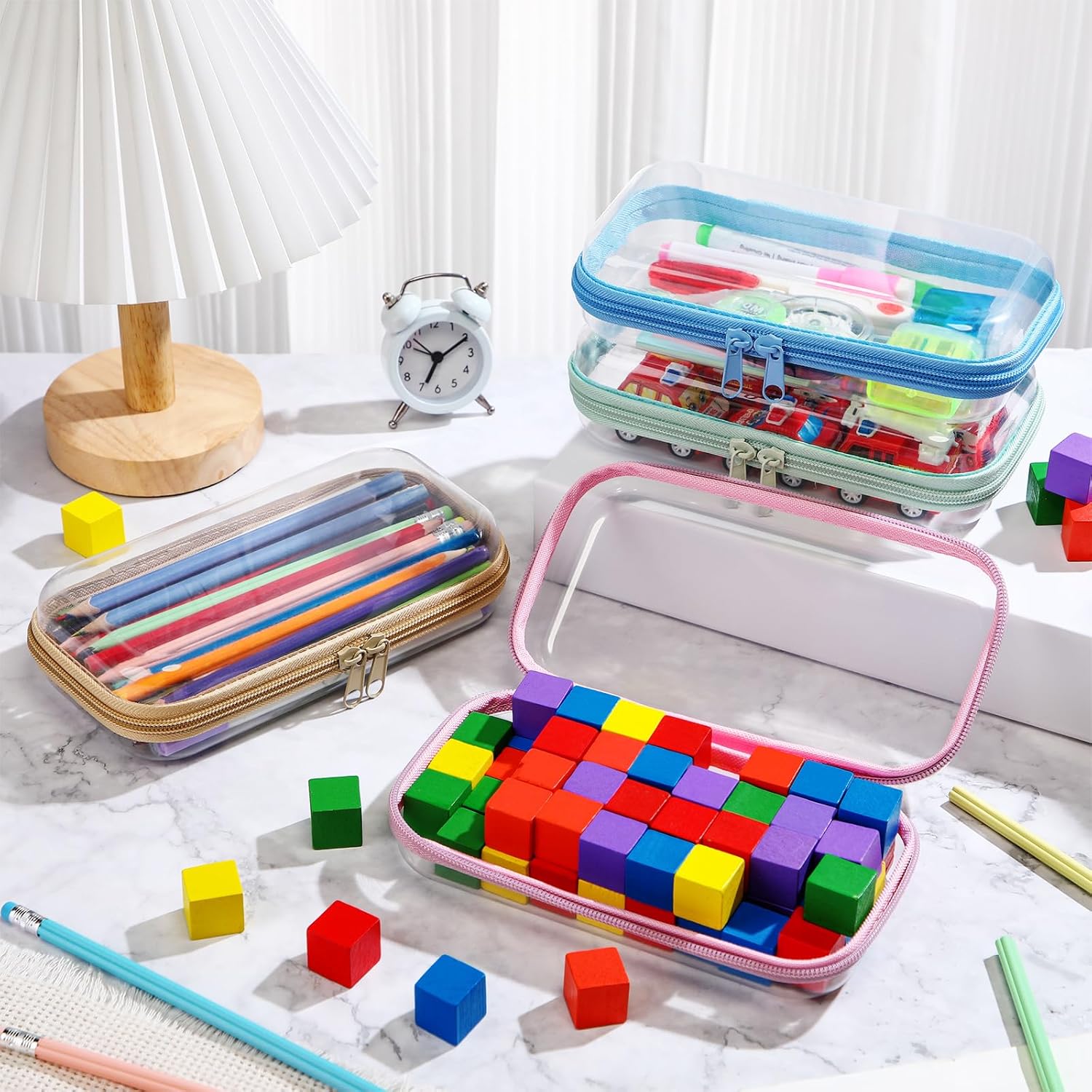 Hoolerry 4 Pcs Hard Clear Zipper Case Makeup Bags Plastic Pencil Pouch Transparent Storage Box Containers for Cosmetics, Snacks, Building Blocks, Puzzles(Soft Colors,7.5 x 3.9 x 2 in)-FemmiqueWomen