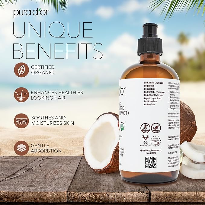 PURA D'OR 16.9 Oz ORGANIC Fractionated Coconut Oil MCT Oil (GLASS BOTTLE) 100% Pure & Natural USDA Certified Cold Pressed - Unscented, Hexane Free Moisturizer For Face, Skin & Hair Tonic - Men & Women-FemmiqueWomen