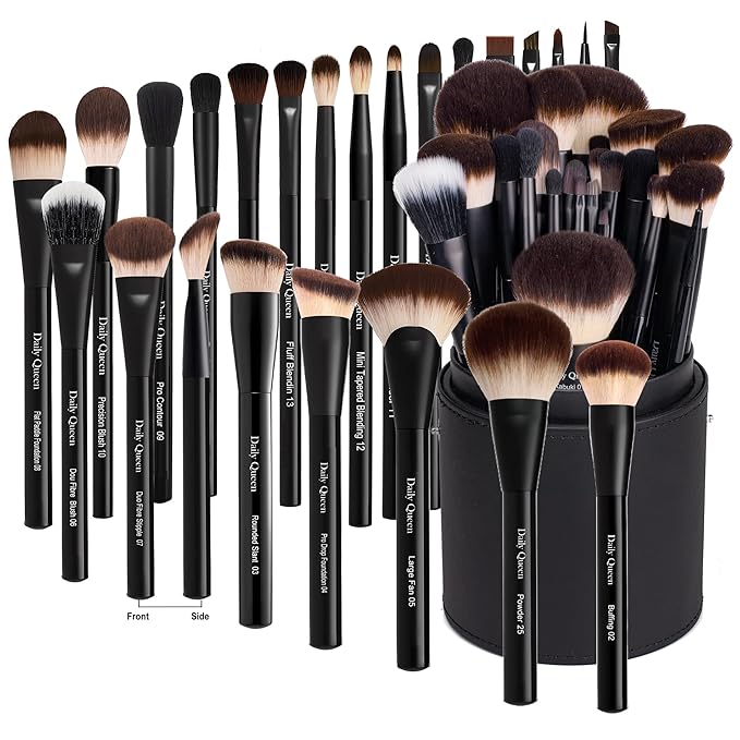 25 pcs Makeup Brush Set Holder Black Professional Kabuki Powder Concealers Eye shadows Blush Eyeliner Eyebrow Contour Eye blending Brushes (25pcs brush with holder)-FemmiqueWomen