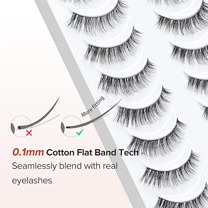 Lashes Wispy False Eyelashes Cat Eye Lashes Natural Look 3D Volume Fake Eyelashes Thin Band Lashes 12mm Natural Eye Lashes C Curl Siligli Lashes Pack 10 Pair-FemmiqueWomen