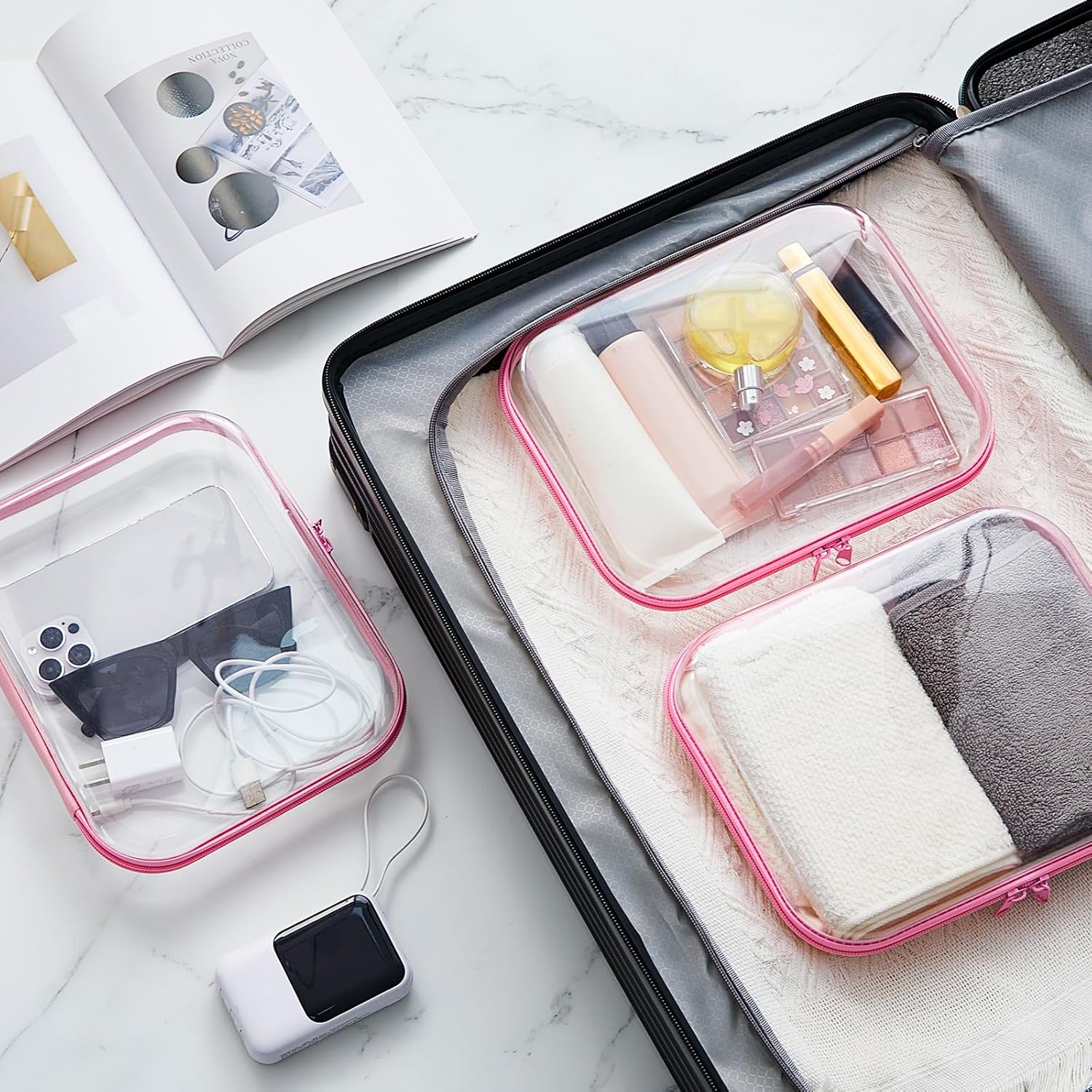 Hoolerry 3 Pcs Clear Hard Zipper Case Plastic Pouch Transparent Hard Case Clear Makeup Bag Portable Travel Organizer Bin for Cosmetics, Building Blocks, Puzzles(Pink,M)-FemmiqueWomen