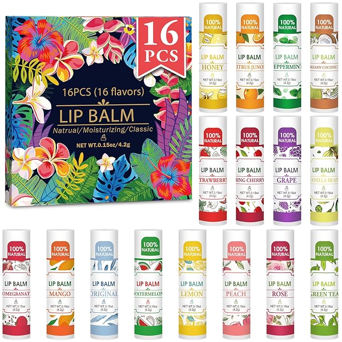 16 Pack Lip Balm, 100% Natural Lip Balm Bulk with Vitamin E and Coconut Oil, Moisturizing Lip Balm for Dry Lips - 16 Flavors-FemmiqueWomen