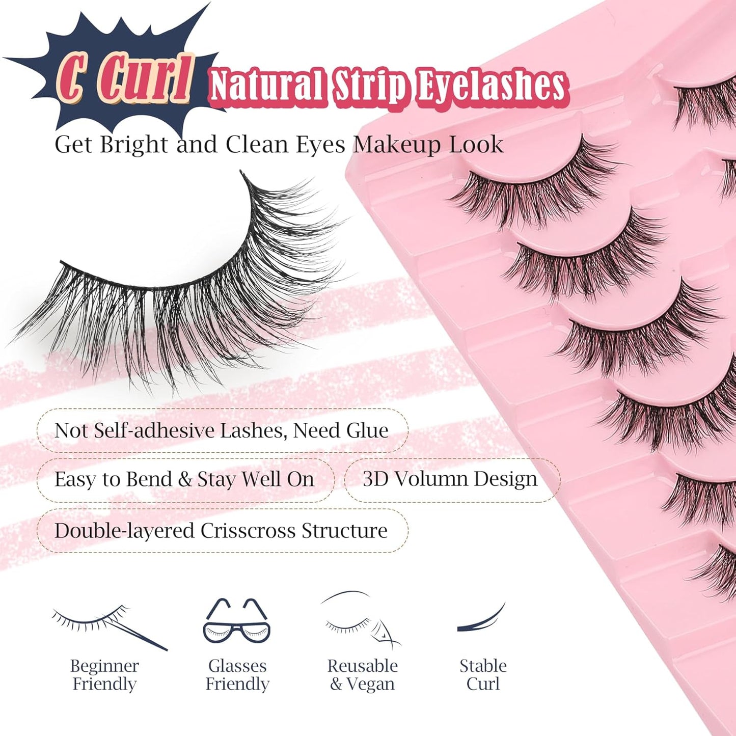 Lashes False Eyelashes Natural 16mm Wispy Lashes Pack Fluffy Eyelashes C Curl Strip Lashes Weightless Fake Lashes 0.1MM Thin Band Eyelash 3D Volume Siligli 7 Pair Lash-FemmiqueWomen