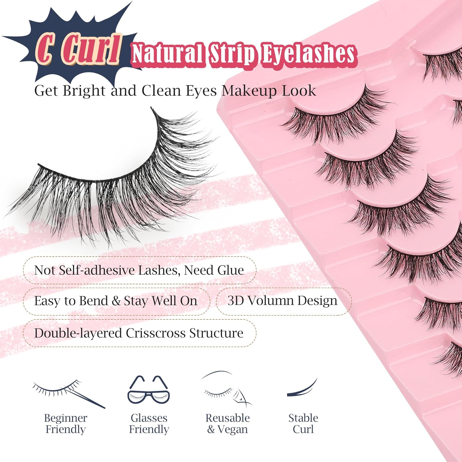 Lashes False Eyelashes Natural 16mm Wispy Lashes Pack Fluffy Eyelashes C Curl Strip Lashes Weightless Fake Lashes 0.1MM Thin Band Eyelash 3D Volume Siligli 7 Pair Lash-FemmiqueWomen