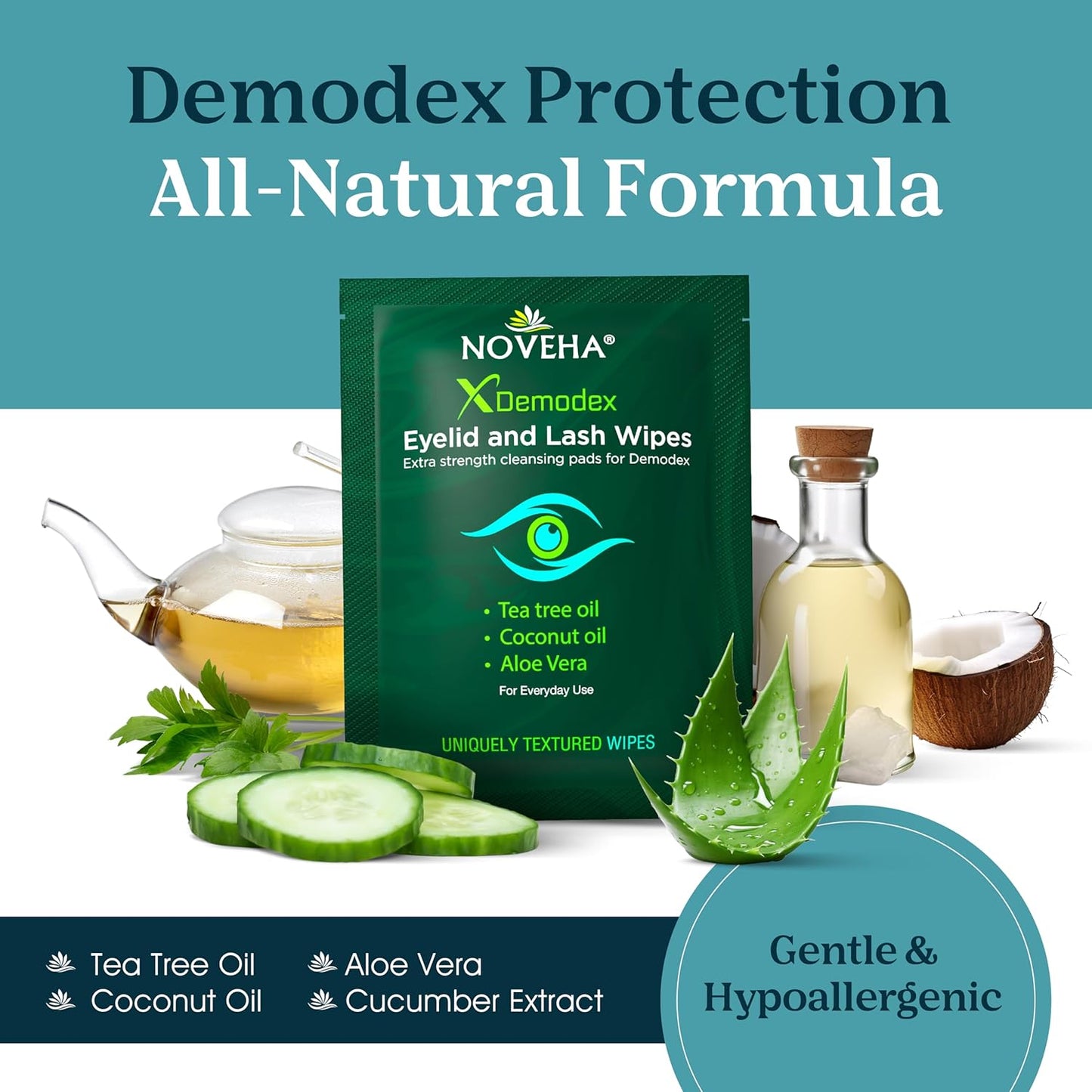 NOVEHA Demodex Eyelid & Lash Wipes | Box Of 60 Individually Wrapped Extra Strength Cleansing Eyelash Wipes - Battle Itchy & Irritated Eyes associated with Demodex Mites, Naturally Remove debris-FemmiqueWomen