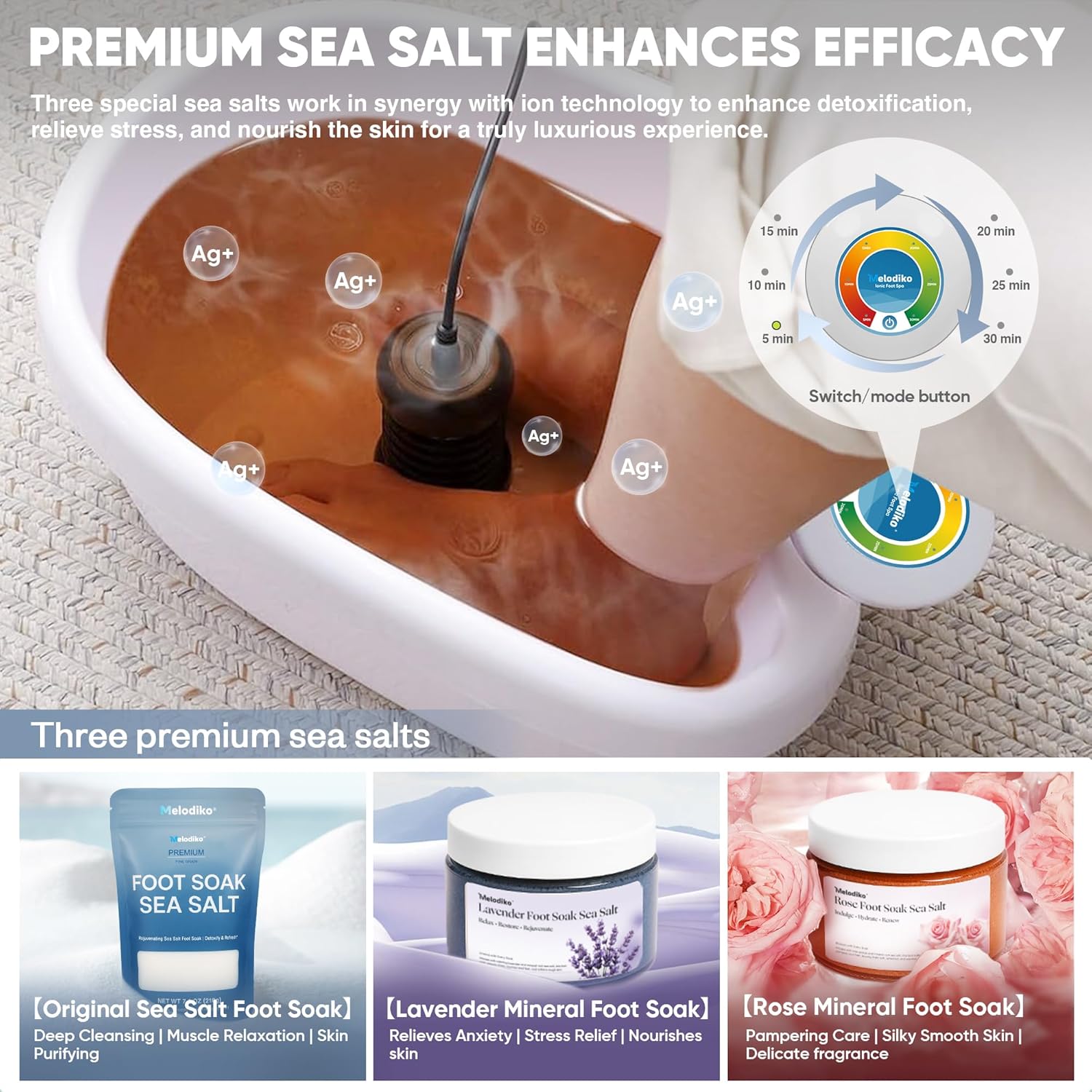 Ionic Foot Bath Detox Machine, Premium Ion Foot Spa for Home Use, Includes 3 Sea Salts (Original/Rose/Lavender), Basin, 2 Ion Arrays & Accessories, Perfect for Parents/Seniors/Partner/Self-FemmiqueWomen