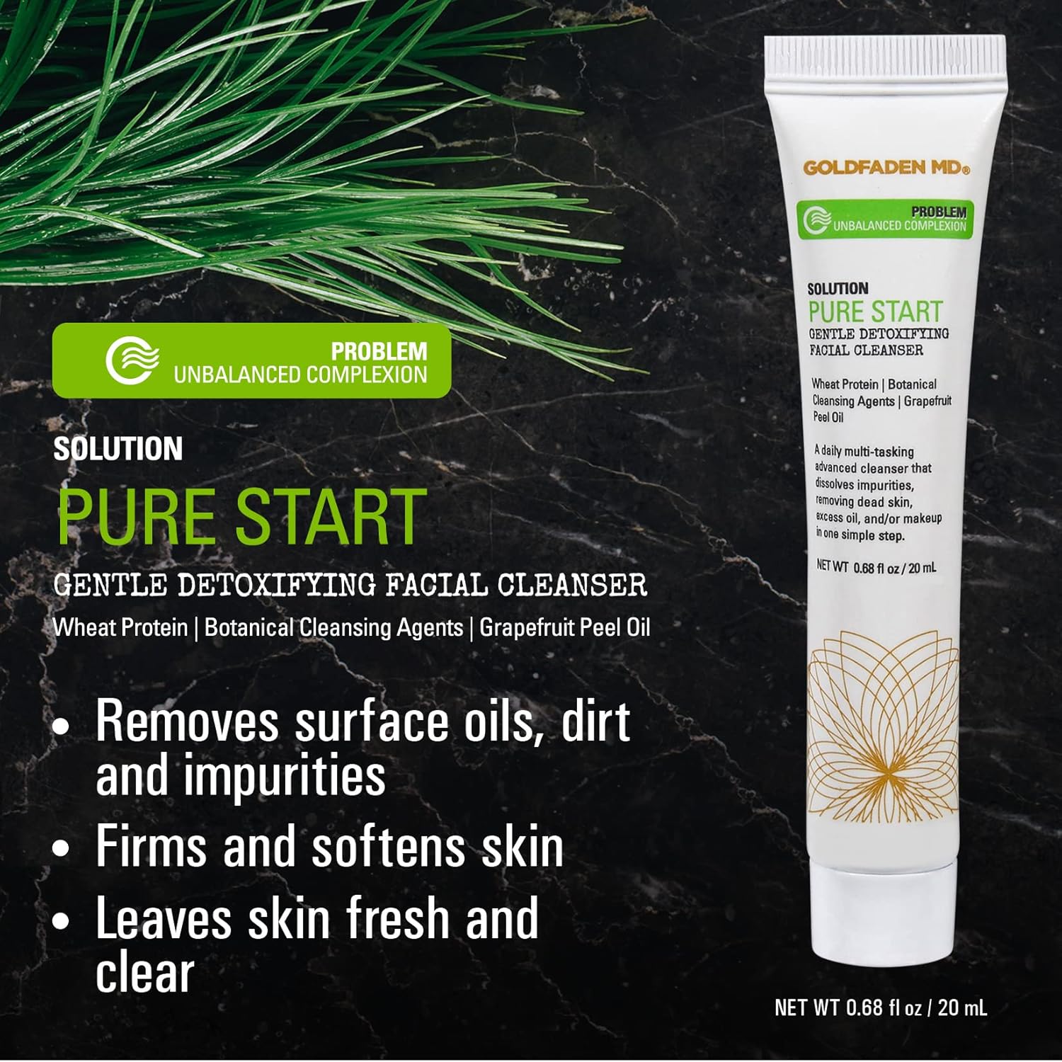 GOLDFADEN MD Pure Start Gentle Detoxifying Natural Facial Cleanser Grapefruit Peel Oil, Organic Red Tea Extract, Seaweed Extract, Rose Hip Seed Oil TRIAL .67 Fl Oz-FemmiqueWomen