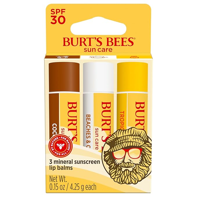 Burt’s Bees SPF 30 Lip Balm Mothers Day Gifts for Mom, Island Getaway - Coco Loco, Beaches & Cream, Tropic Like It's Hot, Water-Resistant Sun Care, Natural Origin Lip Treatment, 3 Tubes, 0.15 oz-FemmiqueWomen