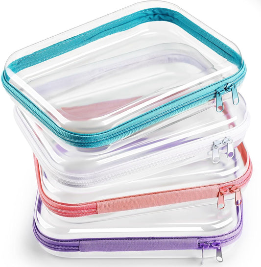 Hoolerry 4 Pcs Hard Clear Zipper Case Makeup Bags Plastic Pencil Pouch Transparent Storage Box Containers for Cosmetics, Snacks, Building Blocks, Puzzles(Multicolor,9.8 x 7.9 x 2 in)-FemmiqueWomen