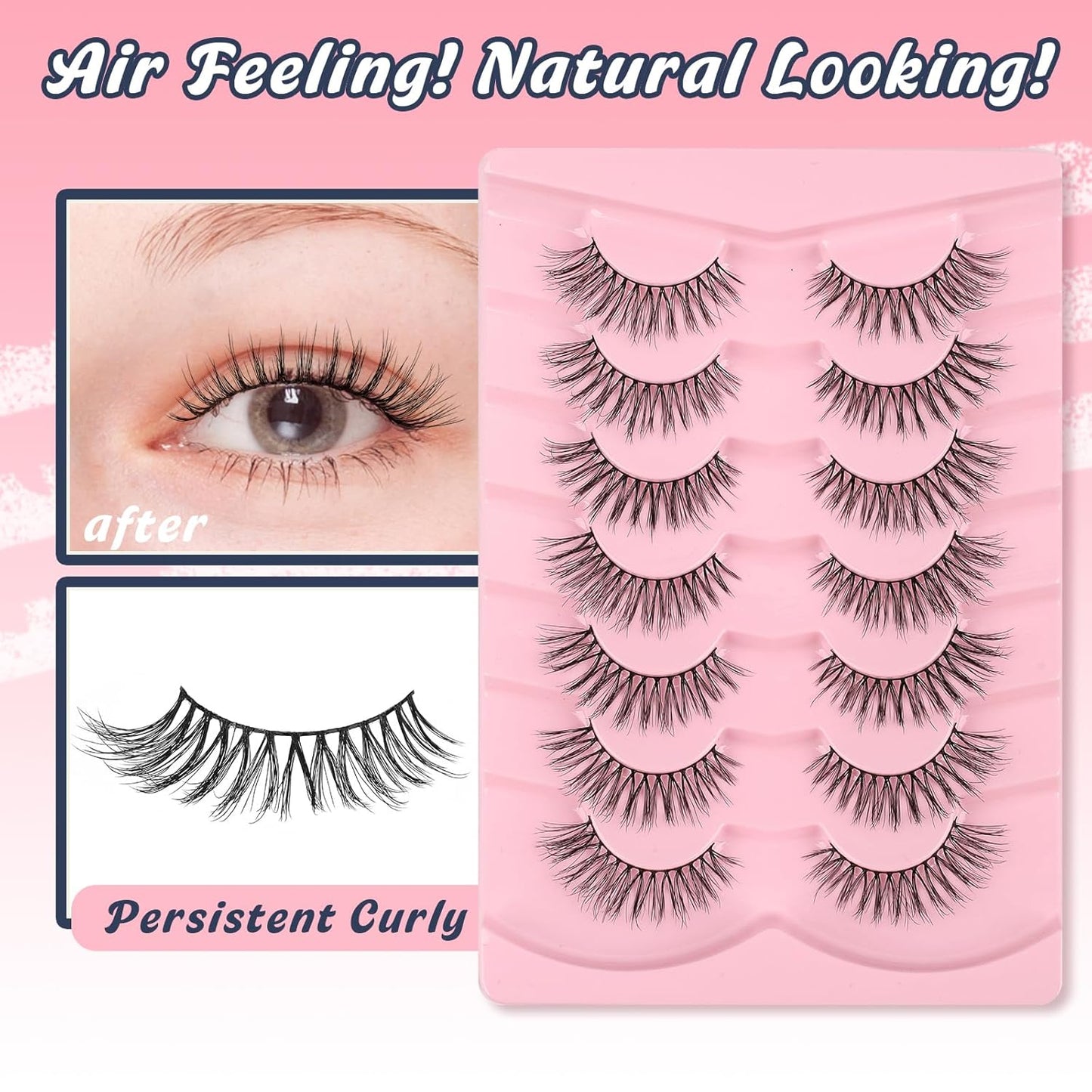 Eyelashes Natural Cat Eye Lashes Wispy C Curl 16mm Strip Lash False Eyelashes Fluffy Eye Lashes 3D Volume Wispy Eyelash Siligli 7 Pair-FemmiqueWomen