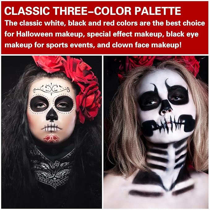 3 Colors Black White Red Face Body Paint Clown Makeup Palette Professional Face Paint for Halloween Cosplay Sfx Joker Zombie Vampire Makeup-FemmiqueWomen