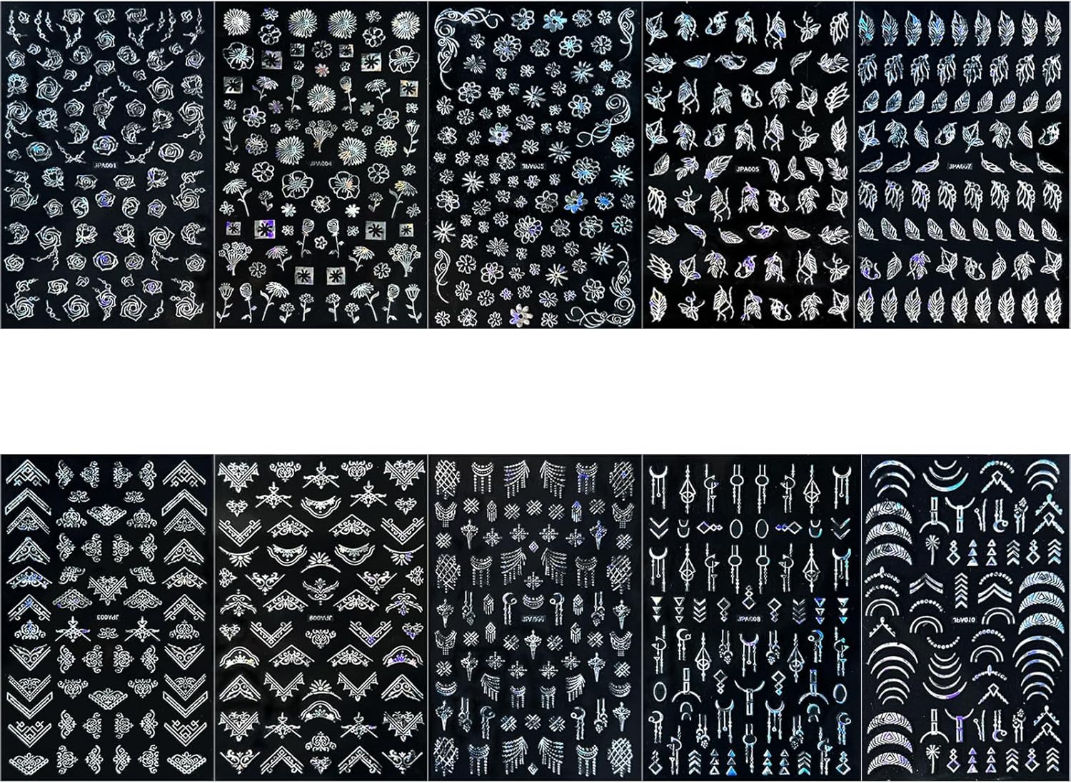 10 Sheets Flower Nail Stickers Silver 3D Self-Adhesive Leaf Art Designs Holographic Laser Manicure Accessories, Style6-FemmiqueWomen