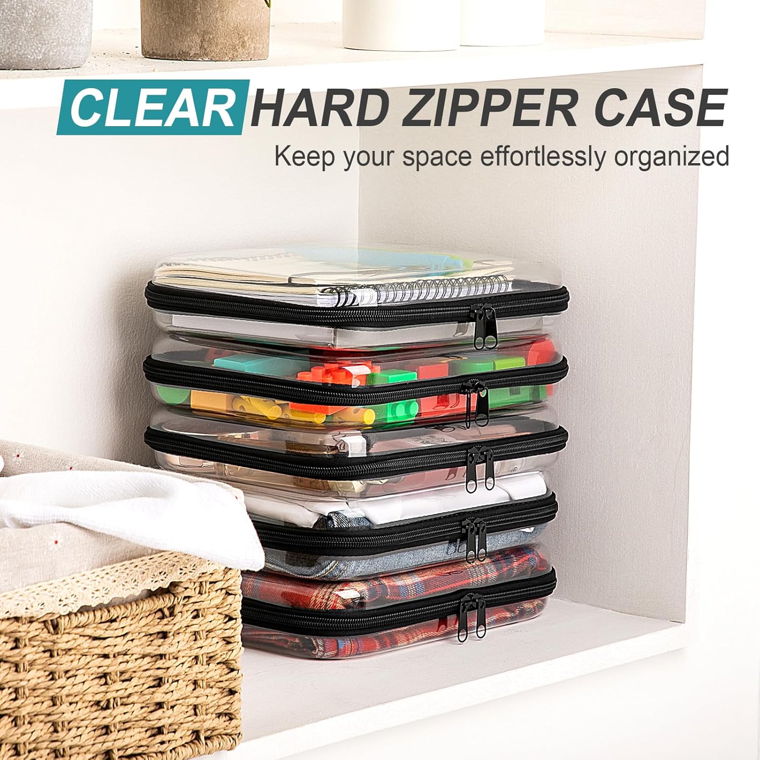 Sanwuta 6 Pcs Clear Hard Zipper Case Pencil Pouches Hard Plastic Zipper Pouches Makeup Bag Transparent Cases for Snacks Plastic Storage Organizer Box for Travel(Black,9.84 x 7.87 x 2 Inch)-FemmiqueWomen