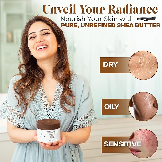 AZMERA Handcrafted Whipped Shea Body Butter – Luxurious Moisturizer for Dry, Sensitive Skin with Bergamot, Argan Oil & Vitamin E – Vegan, Non-Greasy Skincare – 8.82 oz-FemmiqueWomen