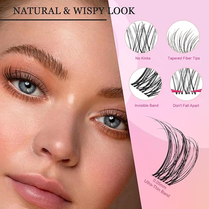 Nova Lash Clusters Kit - 360 pcs Lash Clusters Natural Look Invisible Band Eyelash Clusters Lash Extension Kit with Bond and Seal 0.07D D Curl WideSpan Cluster Eyelash Extension Kit 8-16mm DIY at Home-FemmiqueWomen