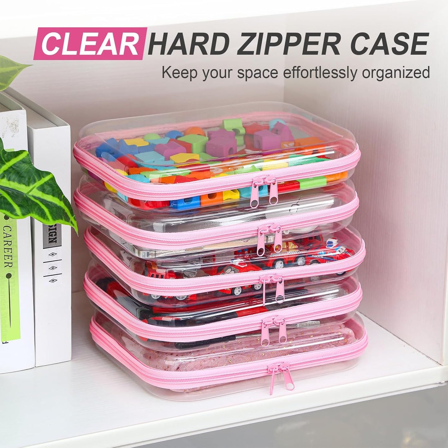 Sanwuta 6 Pcs Clear Hard Zipper Case Pencil Pouches Hard Plastic Zipper Pouches Makeup Bag Transparent Cases for Snacks Plastic Storage Organizer Box for Travel(Pink,9.84 x 7.87 x 2 Inch)-FemmiqueWomen