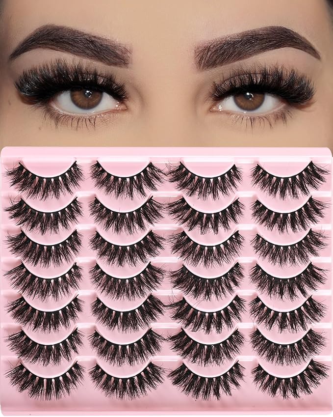 FARRED Wispy Lashes Hybrid Mink Eyelashes 14 Pairs Short Cat Eye Natural Fluffy False Eyelashes Faux Mink Strip Eye Lashes Pack for Daily Makeup (F18 | 8-14 mm)-FemmiqueWomen