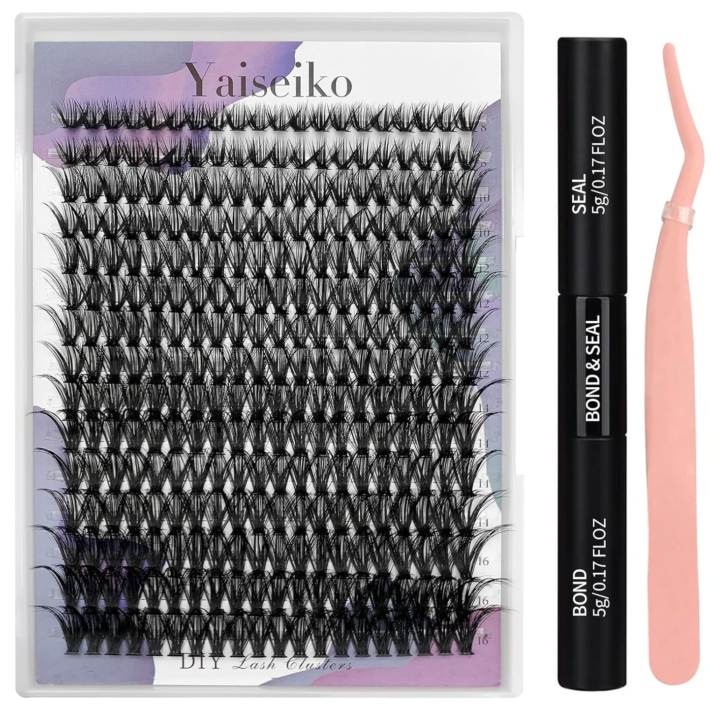 Lash Extension Kit 50D Fluffy Cluster Eyelash Extensions Kit 300 Pcs DIY Individual Lashes Kit with Lash Bond and Seal and Lashes Tweezers 8-16mm Mix D Curl Wispy False Eyelashes Pack, by Yaiseiko-FemmiqueWomen