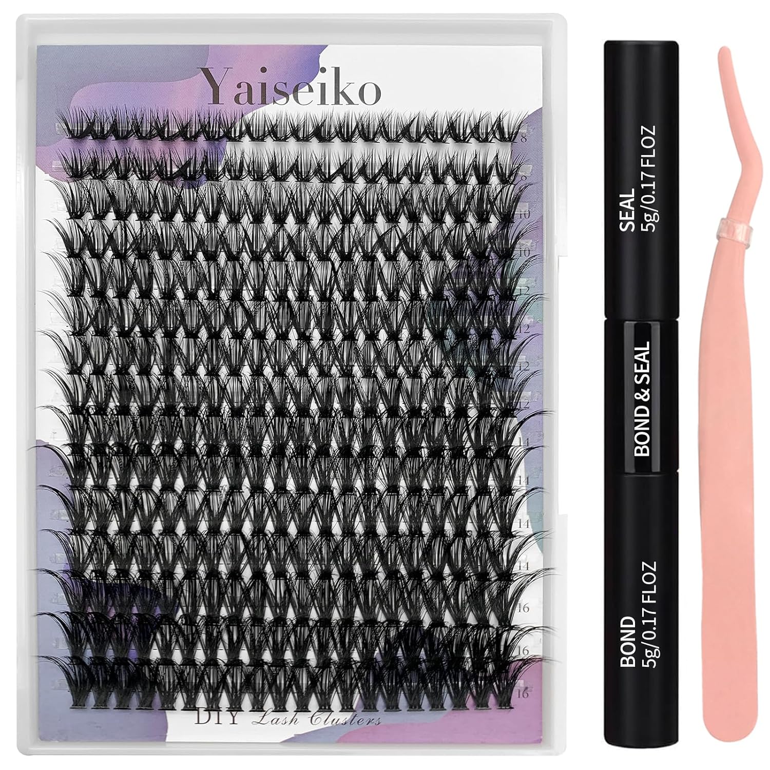 Lash Extension Kit 50D Fluffy Cluster Eyelash Extensions Kit 300 Pcs DIY Individual Lashes Kit with Lash Bond and Seal and Lashes Tweezers 8-16mm Mix D Curl Wispy False Eyelashes Pack, by Yaiseiko-FemmiqueWomen