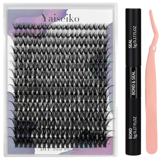 Lash Extension Kit 50D Fluffy Cluster Eyelash Extensions Kit 300 Pcs DIY Individual Lashes Kit with Lash Bond and Seal and Lashes Tweezers 8-16mm Mix D Curl Wispy False Eyelashes Pack, by Yaiseiko-FemmiqueWomen