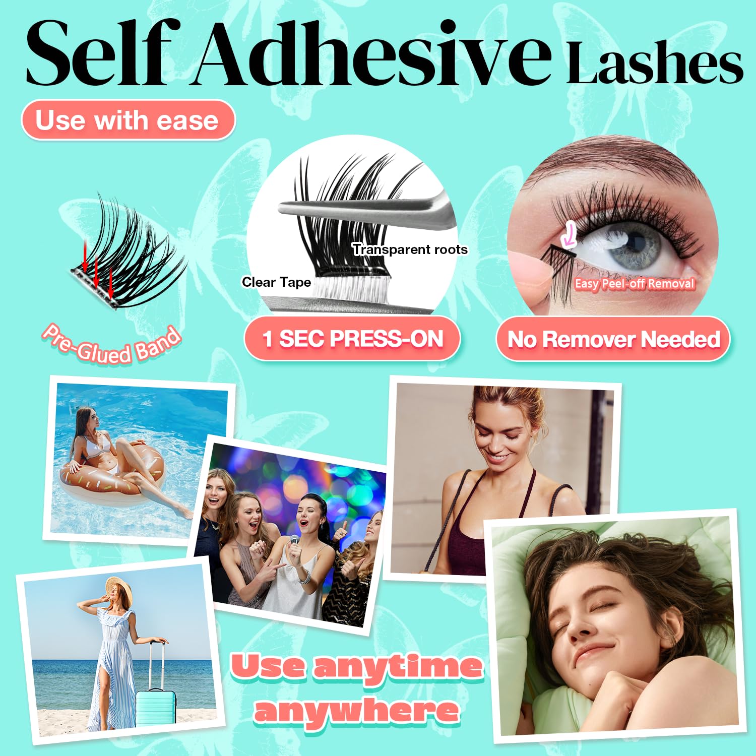 No Glue Needed Lashes, Self Adhesive Eyelashes, DIY Lash Eyelash Extensions Kit 10‑18mm,100pcs Fluffy D Curl Soft Natural Lashes with Tweezers–Fake Cat Eye Wispy Individual Clusters NG2031-1-FemmiqueWomen