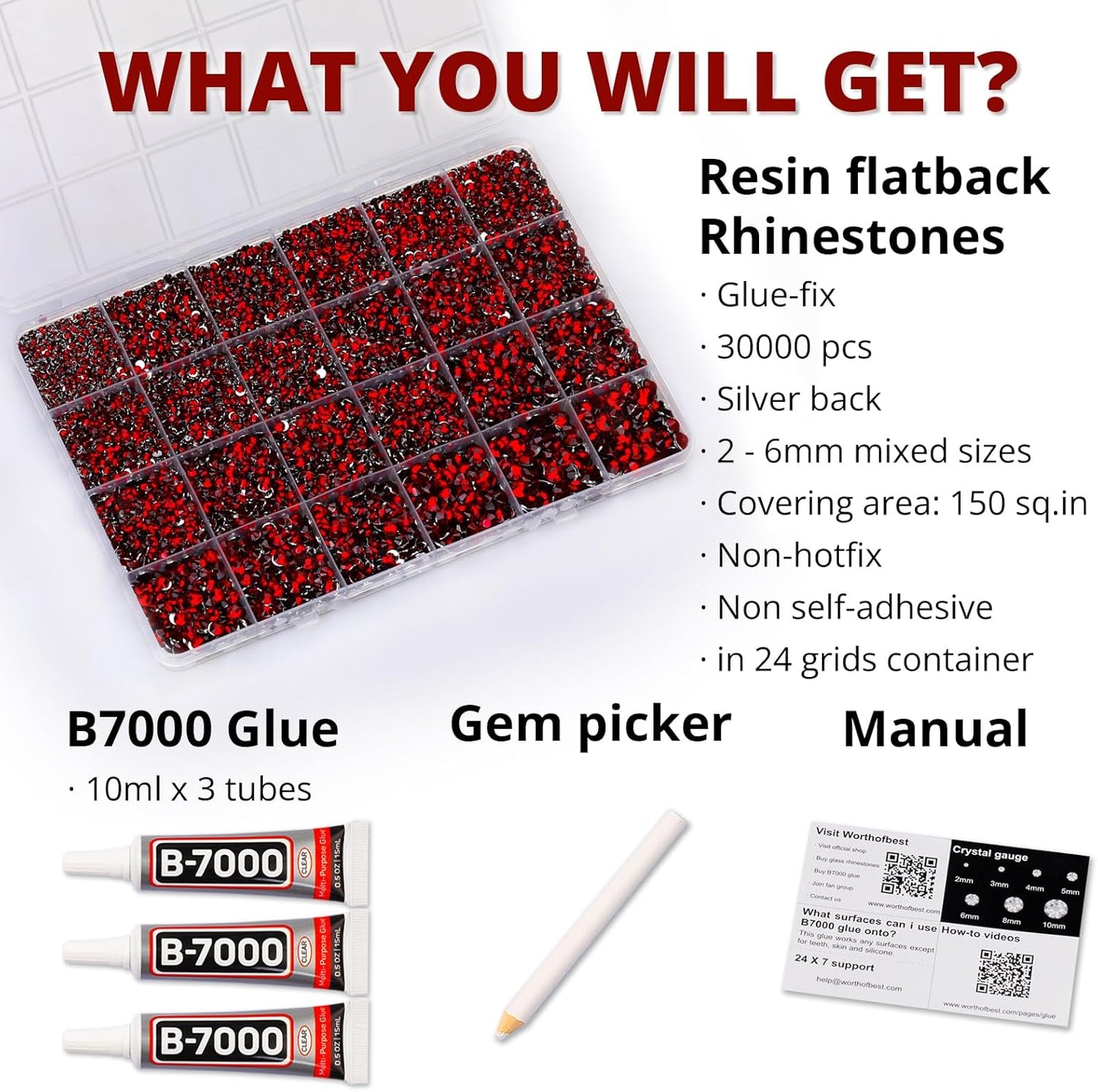 30000Pcs Resin Rhinestones Set for Crafting Bedazzling, Maroon Dark Red Burgundy Flatback Gems Jewels for Crafts Clothes Shoes Fabric Outfit Nails Makeup, Flat Back Crystal 2-6mm with b 7000 Glue-FemmiqueWomen