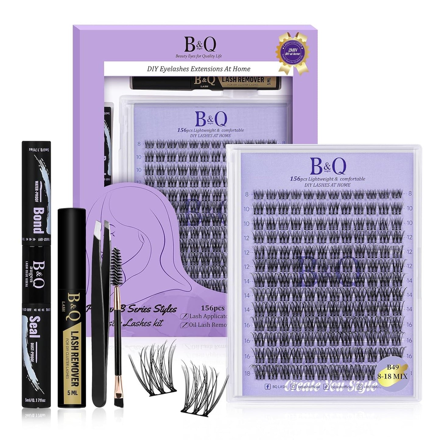 Lash Extension Kit B49 Eyelash Extension Kit B&Qaugen DIY Lash Extension Kit 156 PCS Lash Clusters 8-18mm Cluster Eyelash Extensions Kit with Lash Bond and Seal Lash Applicator Tool (Kit,B49)-FemmiqueWomen