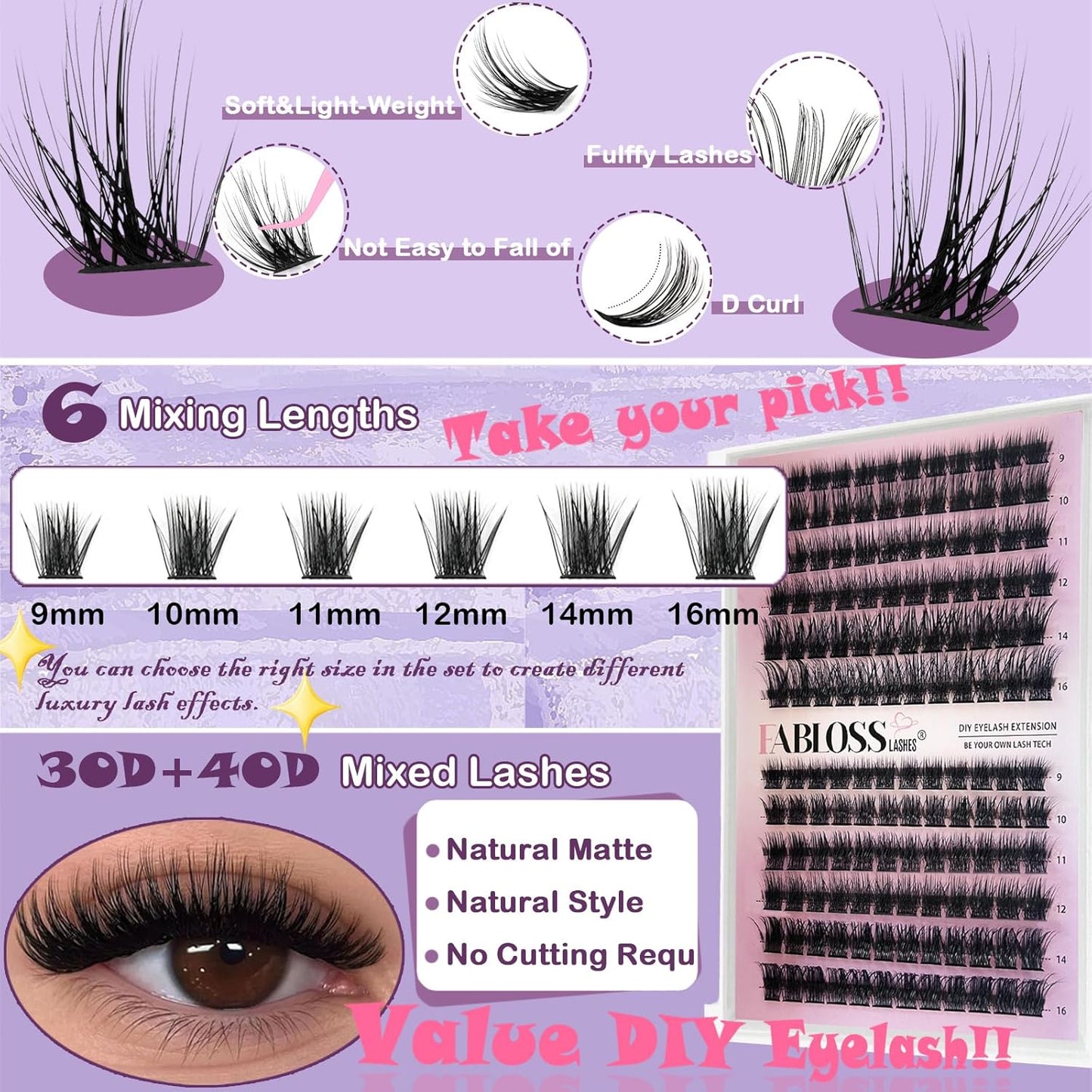 Lash Clusters Kit Fluffy 144Pcs Lash Clusters DIY Eyelash Extension Kit 80D Individual Lashes Clusters Kit With Lash Bond And Seal, Lash Remover, Lash Tweezers(80D, 9-16mm, Kit)-FemmiqueWomen