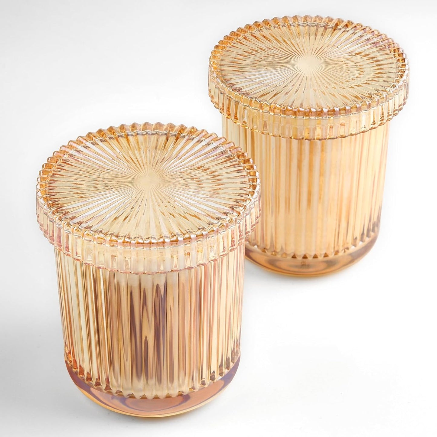 2 Pack Glass Qtip Holder Dispenser Set - Bathroom Organizer for Cotton Swabs, Balls, Pads, Floss Picks - Clear Apothecary Jars for Vanity, Makeup Storage, Bathroom Accessories Decor (Amber)-FemmiqueWomen