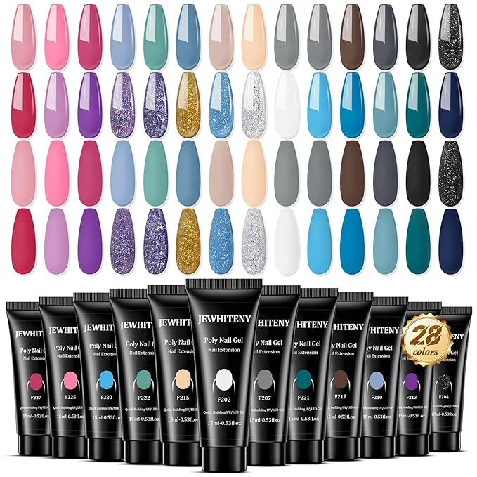 JEWHITENY 28 Colors Poly Nail Gel Set - 15ml Nude Pink Brown Black Grey Blue Yellow Tones for French Manicure DIY Nail Art Salon & Home Use Holiday Gift-FemmiqueWomen