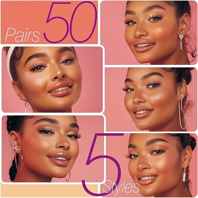 Eliace Eyelashes, (50 Pairs,5 Styles) Luxurious Faux Mink Lashes Natural Look Wispy Fluffy Handmade Cat Eye False Lash Pack, False Eyelashes Set, Fake Lashes Strips, Makeup Fake Eyelashes Pack-FemmiqueWomen