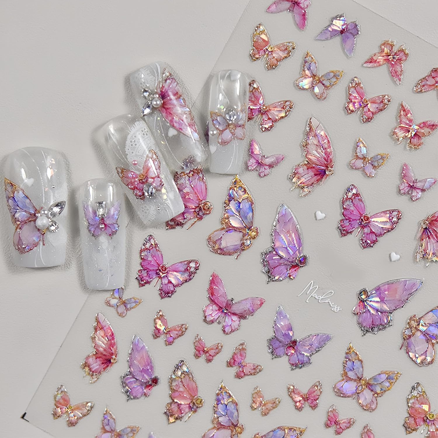2 Sheets Butterfly Nail Art Stickers 5D Embossed Self-Adhesive Pink Aurora Sparkling Butterfly Nail Decals Designs for Women Girls DIY Nail Decoration-FemmiqueWomen