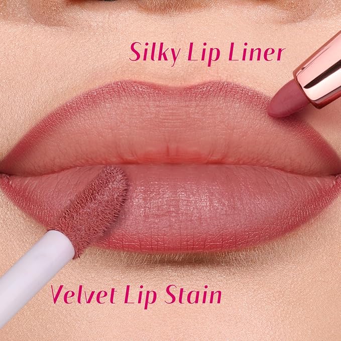 2 PCS Lip Liner and Lip Stain Combo Set, High Pigmented Long Lasting Velvet Lip Tint, Well-Defined Lipliner, Weightless Waterproof Not Animal Tested, Matte Finish Makeup-FemmiqueWomen