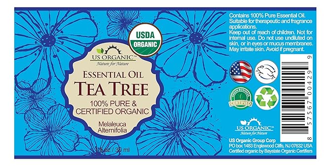 US Organic 100% Pure Tea Tree Essential Oil, Steam Distilled, USDA Certified Organic, for Hair, Skin, Scalp, Foot, Toenails, and Nail Polish - 30 ml, 2 Pack-FemmiqueWomen