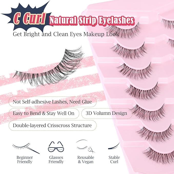 Lashes Natural Look False Eyelashes Wispy 13mm Eye Lashes Pack with Thin Cotton Band C Curl Fake Eyelashes 3D Volume For Daily Siligli Lash 7 Pair-FemmiqueWomen