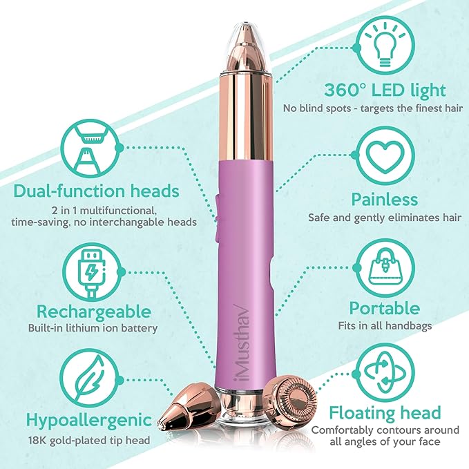 2 in 1 Eyebrow and Facial Hair Remover for Women Painless Flawless Electric Razor Epilator Trimmer Shaver with 18K Gold-Plated, USB Rechargeable, 360° LED for Eyebrow and Face Hair Removal-FemmiqueWomen