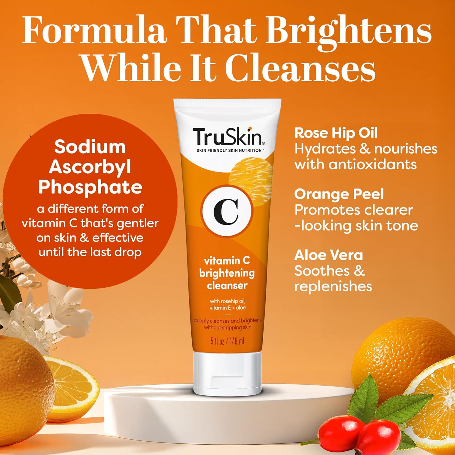 TruSkin Vitamin C Cleanser for Face - Brightening Face Wash with Vitamins C & E, Rosehip Oil, Aloe Vera and MSM - Deep Clean and Refresh for Radiant, Healthy-Looking Skin, 5 fl oz-FemmiqueWomen