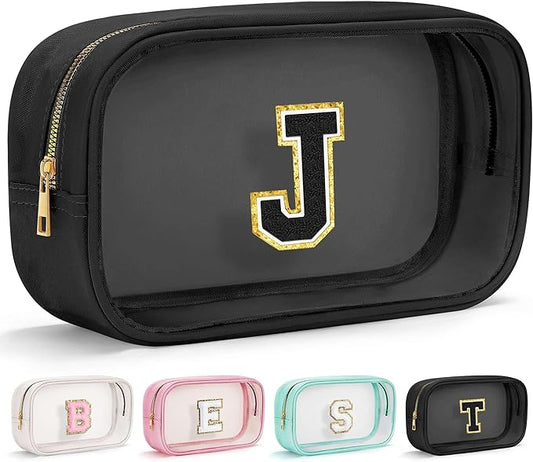 YOOLIFE Initial Travel Essentials Makeup Bag, Skin Care Clear Toiletry Bag Pouch Cosmetic Bag Case Large Makeup Bag Personalized Birthday Gifts for Women Birthday Gifts for Her Wife Black J-FemmiqueWomen