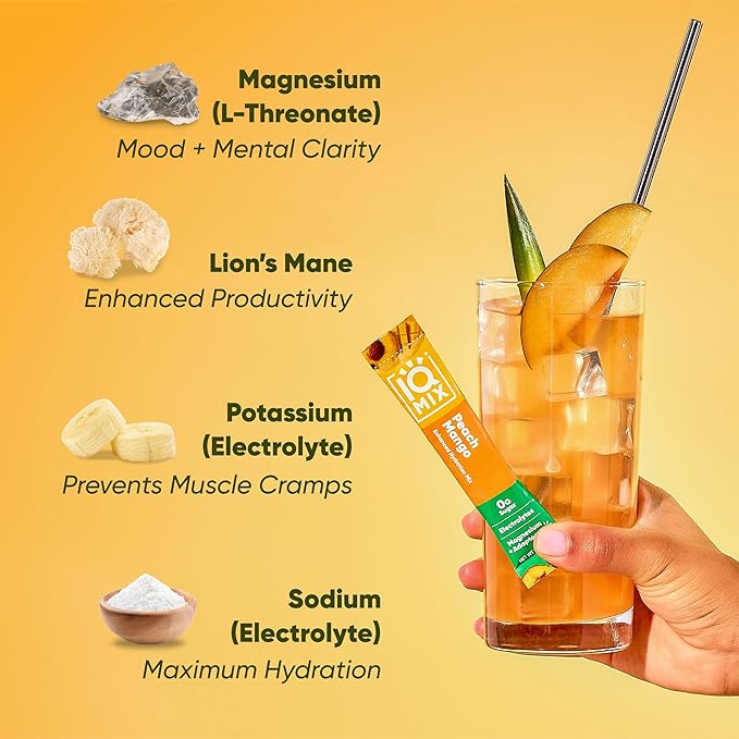 IQMIX Hydration Electrolyte Powder – 4-in-1 Formula for Hydration, Mental Clarity, Mood and Recovery – Sugar-Free Drink Mix, Keto, Magnesium L-Threonate, Lion’s Mane – 40 Count Peach Mango-FemmiqueWomen