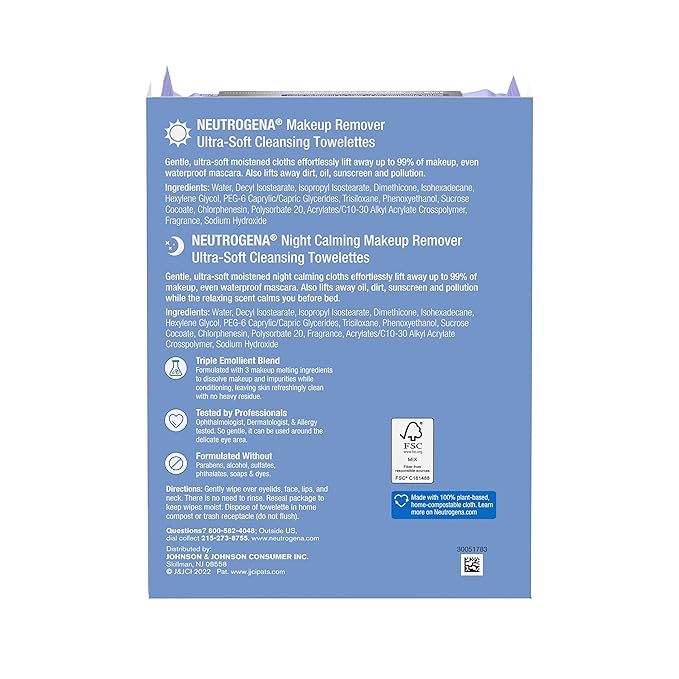 Neutrogena Day & Night Wipes, Makeup Remover Face Cleansing Towelettes & Night Calming Facial Cloths, 100% Plant Based Fibers Wipe Away Dirt, Alcohol-Free, 3 Packs of 25 ct, 75 ct-FemmiqueWomen