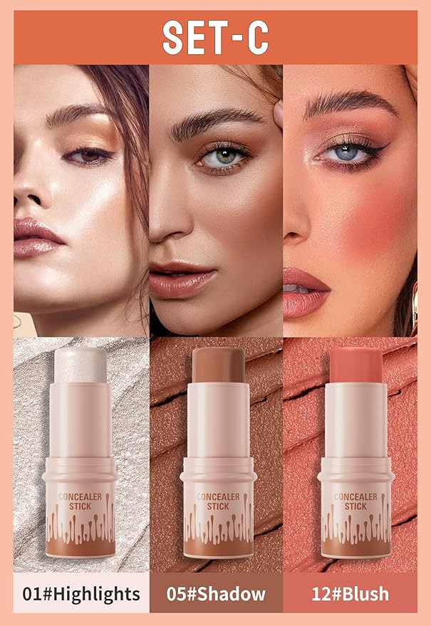 3Pcs Contour Stick Set，3 Colors Contour Stick Makeup Set， Long-Lasting Waterproof Concealer Stick Kit，Cream Blush & Highlighter Bronzer Pen (SET-C)-FemmiqueWomen