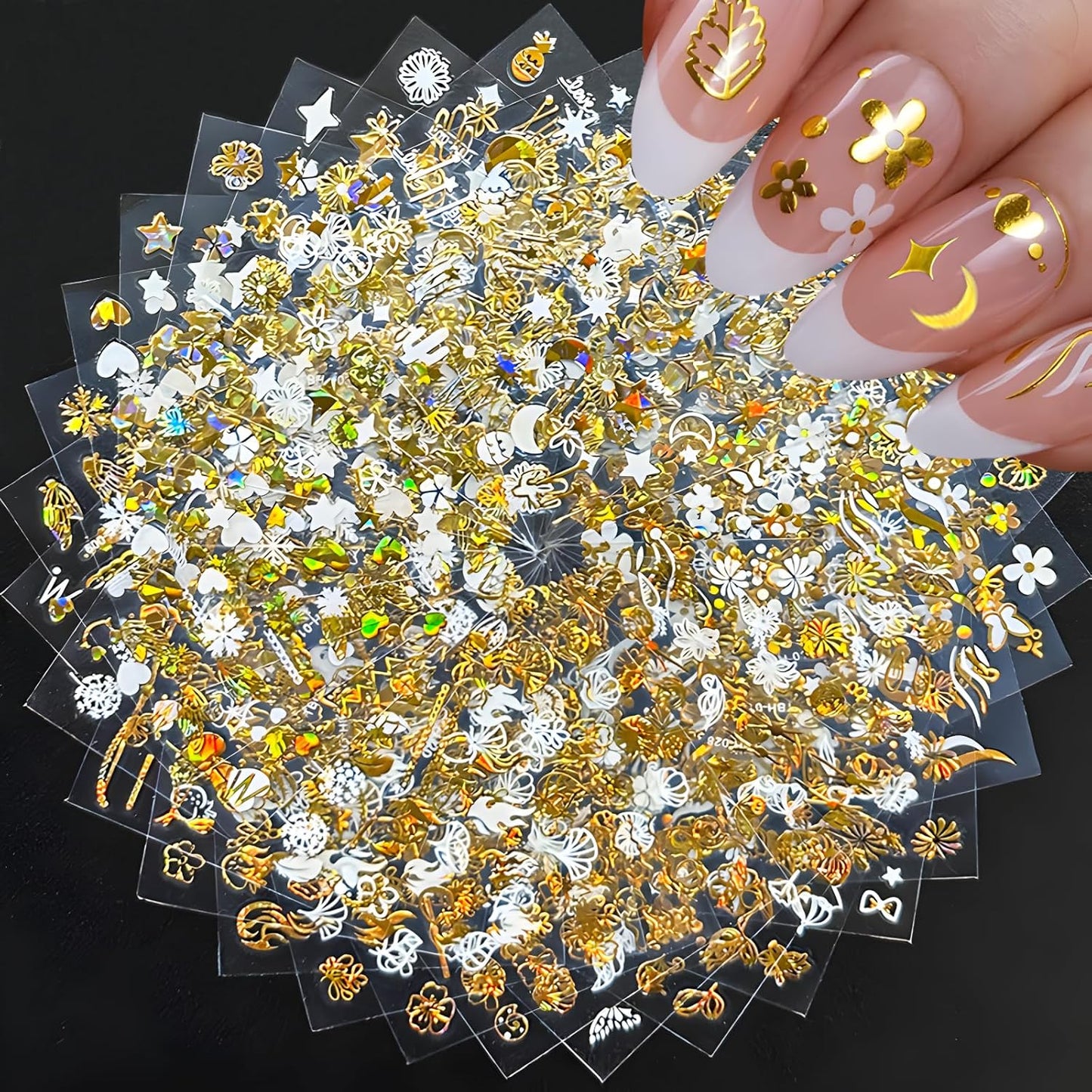 30 Sheets Gold Nail Art Stickers 3D Self Adhesive Star Nail Decals Gold Flower Nail Stickers for Nail Art Heart Snowflake Nail Art Design Decoration Accessories for Women and Girls, Style 2-FemmiqueWomen