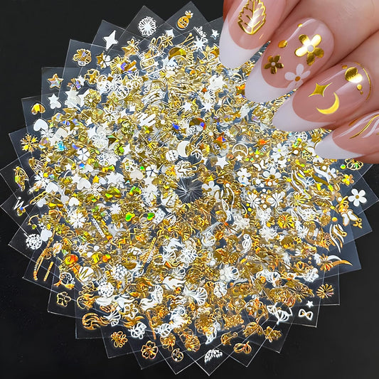 30 Sheets Gold Nail Art Stickers 3D Self Adhesive Star Nail Decals Gold Flower Nail Stickers for Nail Art Heart Snowflake Nail Art Design Decoration Accessories for Women and Girls, Style 2-FemmiqueWomen