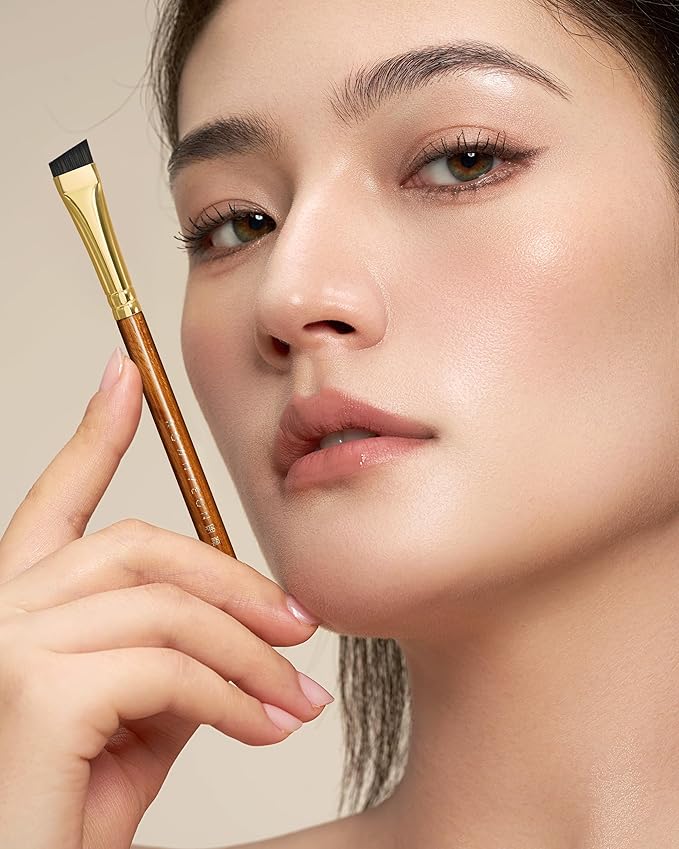 Desert Oak Series MicroBlade Angled Brow Brush - 11mm Ultra-Fine Nylon Bristles for 1mm Hair Strokes, Pomade/Gel/Powder Application, Bubinga & Brass (CM 190)-FemmiqueWomen